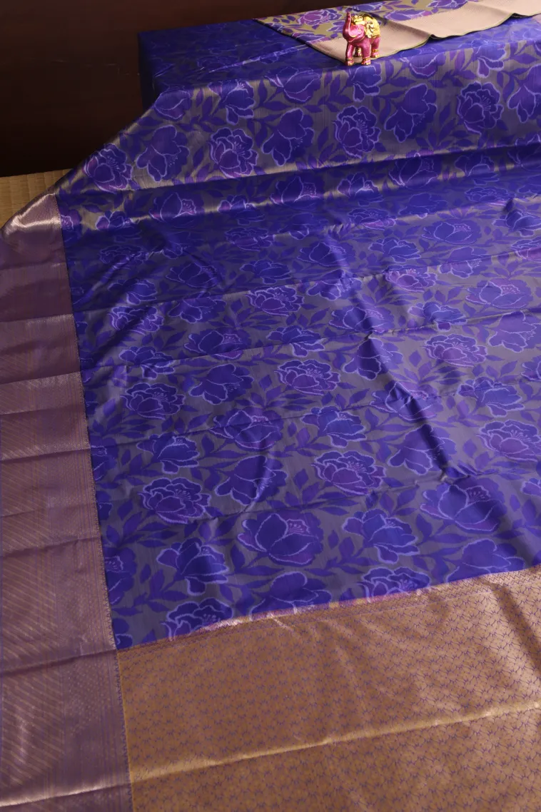 Sage Green Soft Silk Sarees with Bronze Zari Floral Patterns view 2