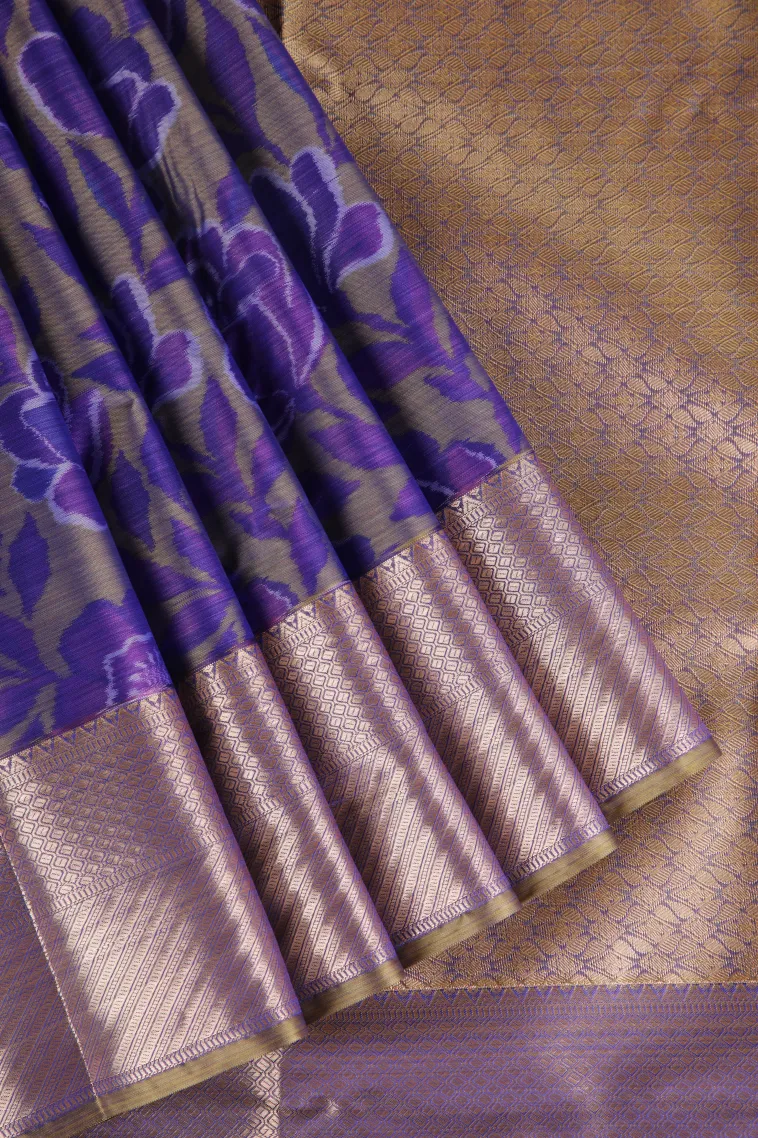 Sage Green Soft Silk Sarees with Bronze Zari Floral Patterns