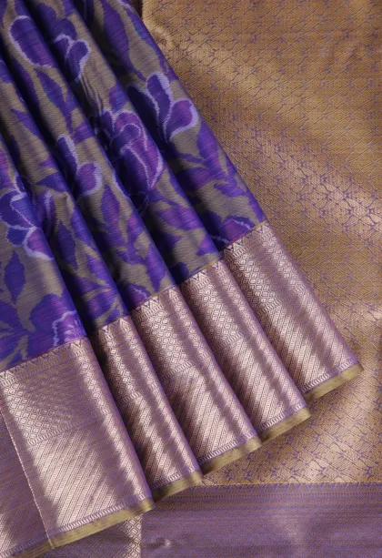 Sage Green Soft Silk Sarees with Bronze Zari Floral Patterns