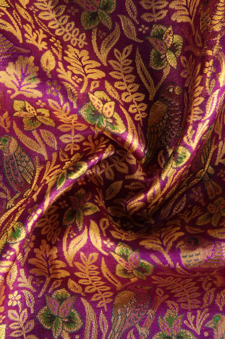 Magenta Purple Kanchipuram Silk Sarees with Gold Zari Birds And Floral Pattern view 4