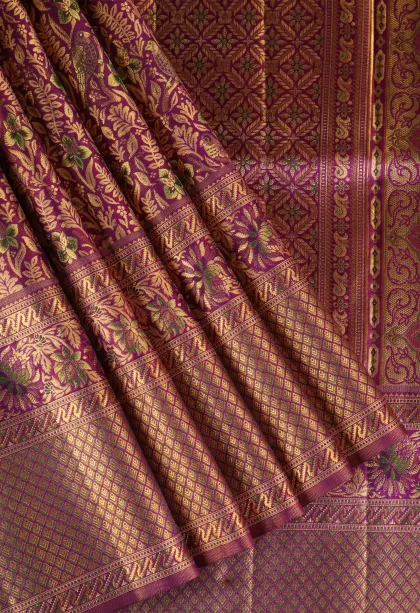 Magenta Purple Kanchipuram Silk Sarees with Gold Zari Birds And Floral Pattern
