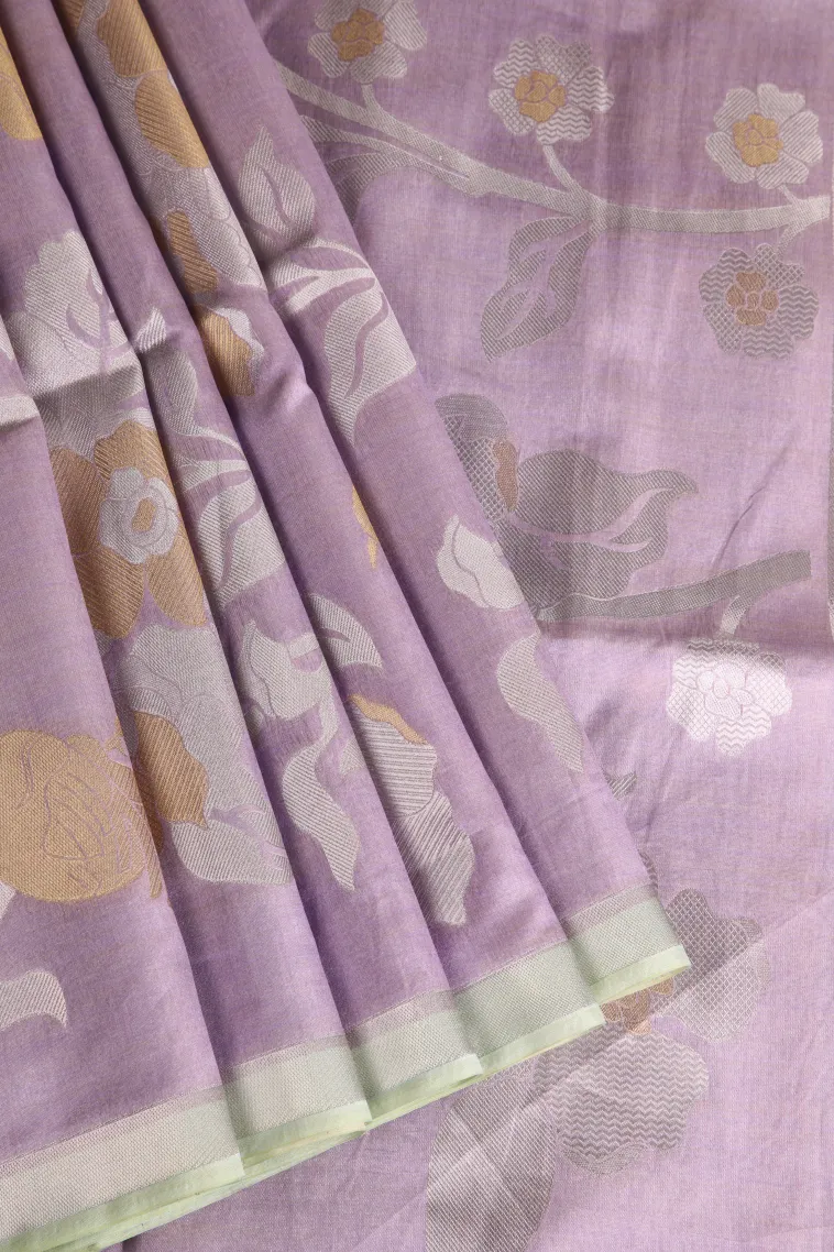 Heather Purple Tussar Saree with Gold And Silver Zari Flower Mottif