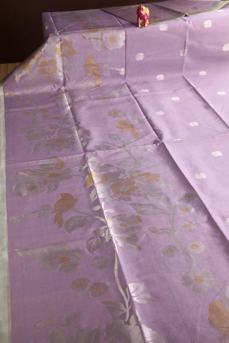 Heather Purple Tussar Saree with Gold And Silver Zari Flower Mottif view 2