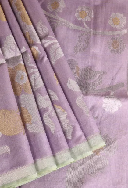 Heather Purple Tussar Saree with Gold And Silver Zari Flower Mottif