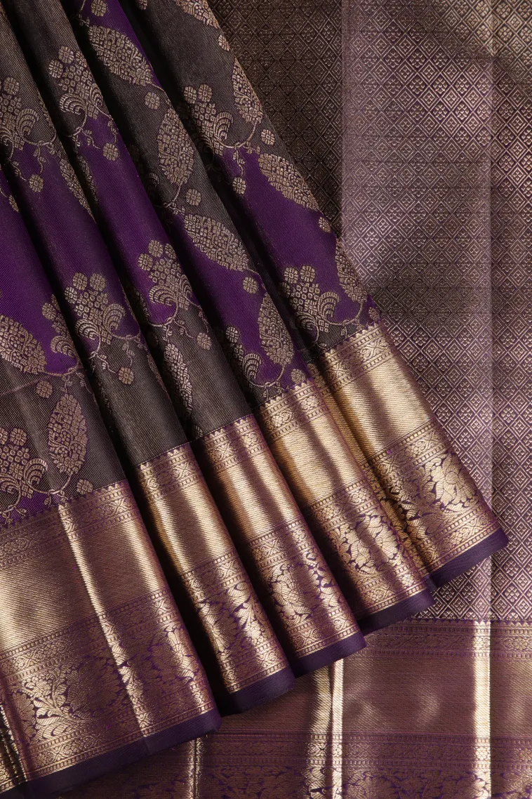 Viola Purple Kanchipuram Silk Sarees with Gold Zari Floral Patterns
