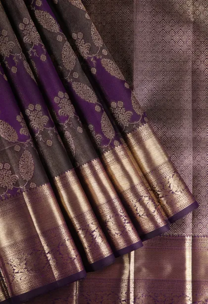 Viola Purple Kanchipuram Silk Sarees with Gold Zari Floral Patterns