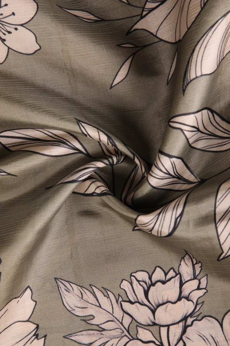 Pistachio Green Semi Raw Silk Printed with Bronze Zari Floral Patterns view 4