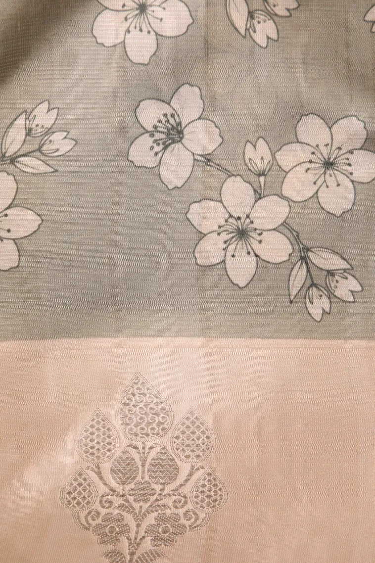 Pistachio Green Semi Raw Silk Printed with Bronze Zari Floral Patterns view 3