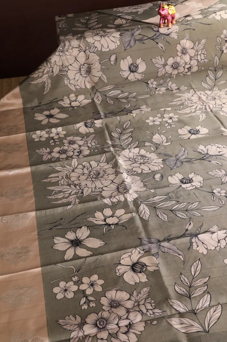 Pistachio Green Semi Raw Silk Printed with Bronze Zari Floral Patterns view 2