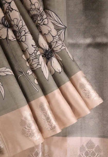 Pistachio Green Semi Raw Silk Printed with Bronze Zari Floral Patterns