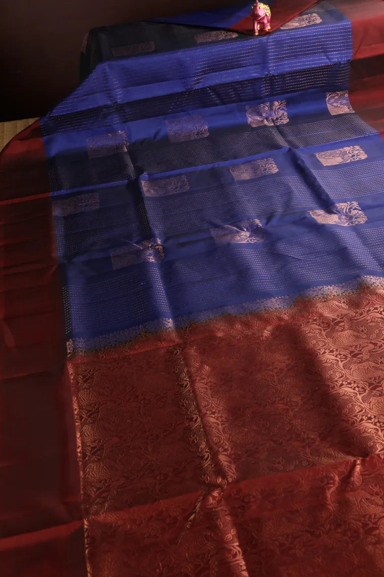 Azure Blue Soft Silk Saree with Copper Zari Straipes And Puttas view 2
