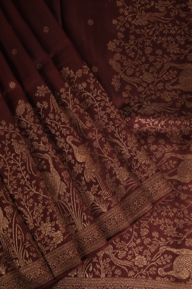 Jam Red Banaras Sarees with Copper Zari Buttis (small Dots Or Motifs)