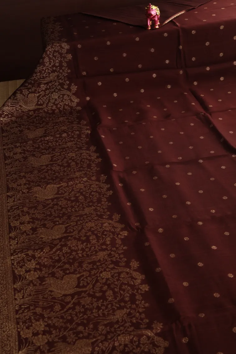 Jam Red Banaras Sarees with Copper Zari Buttis (small Dots Or Motifs) view 2