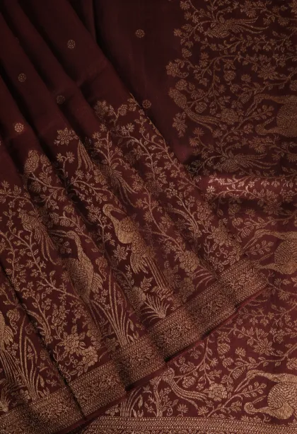 Jam Red Banaras Sarees with Copper Zari Buttis (small Dots Or Motifs)