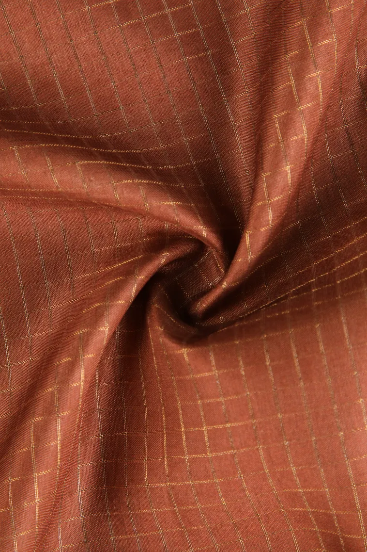 Tawny Brown Semi Tussar Silk with Gold Zari Small Checks Pattern view 4