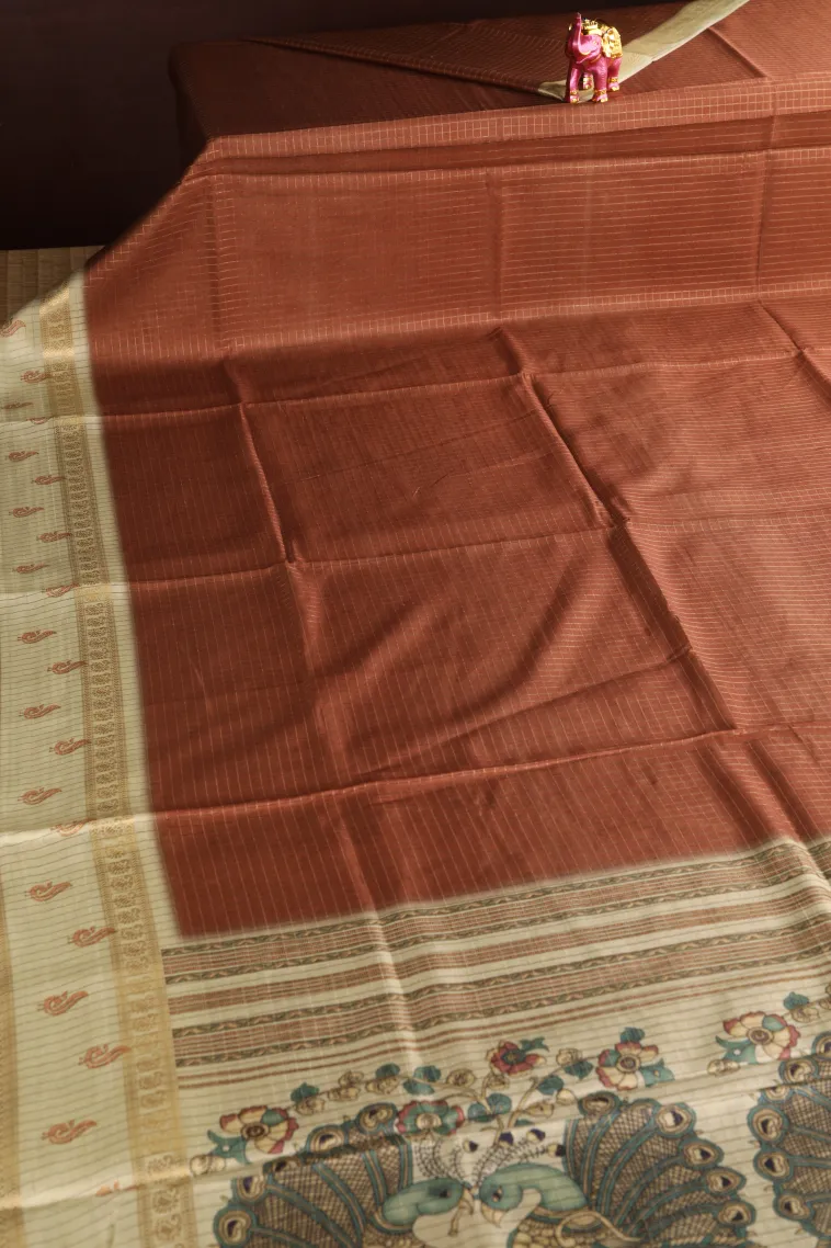 Tawny Brown Semi Tussar Silk with Gold Zari Small Checks Pattern view 2