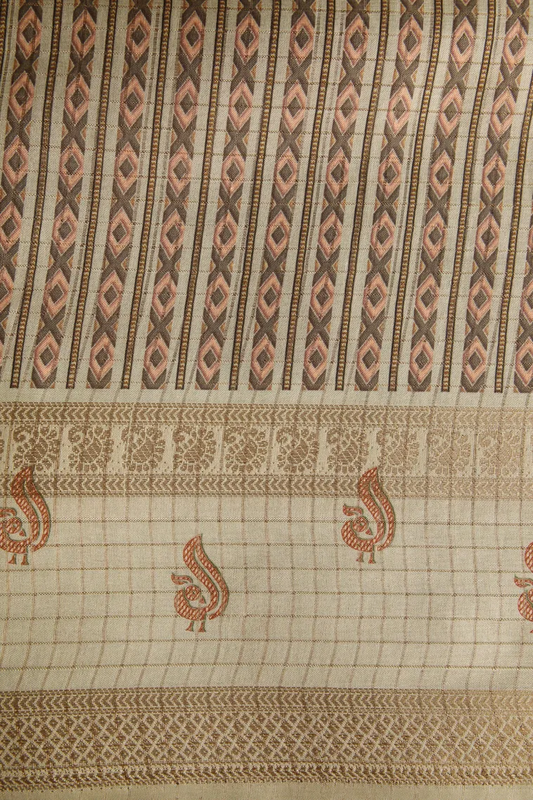 Tawny Brown Semi Tussar Silk with Gold Zari Small Checks Pattern view 3