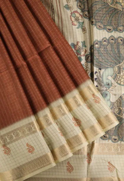 Tawny Brown Semi Tussar Silk with Gold Zari Small Checks Pattern
