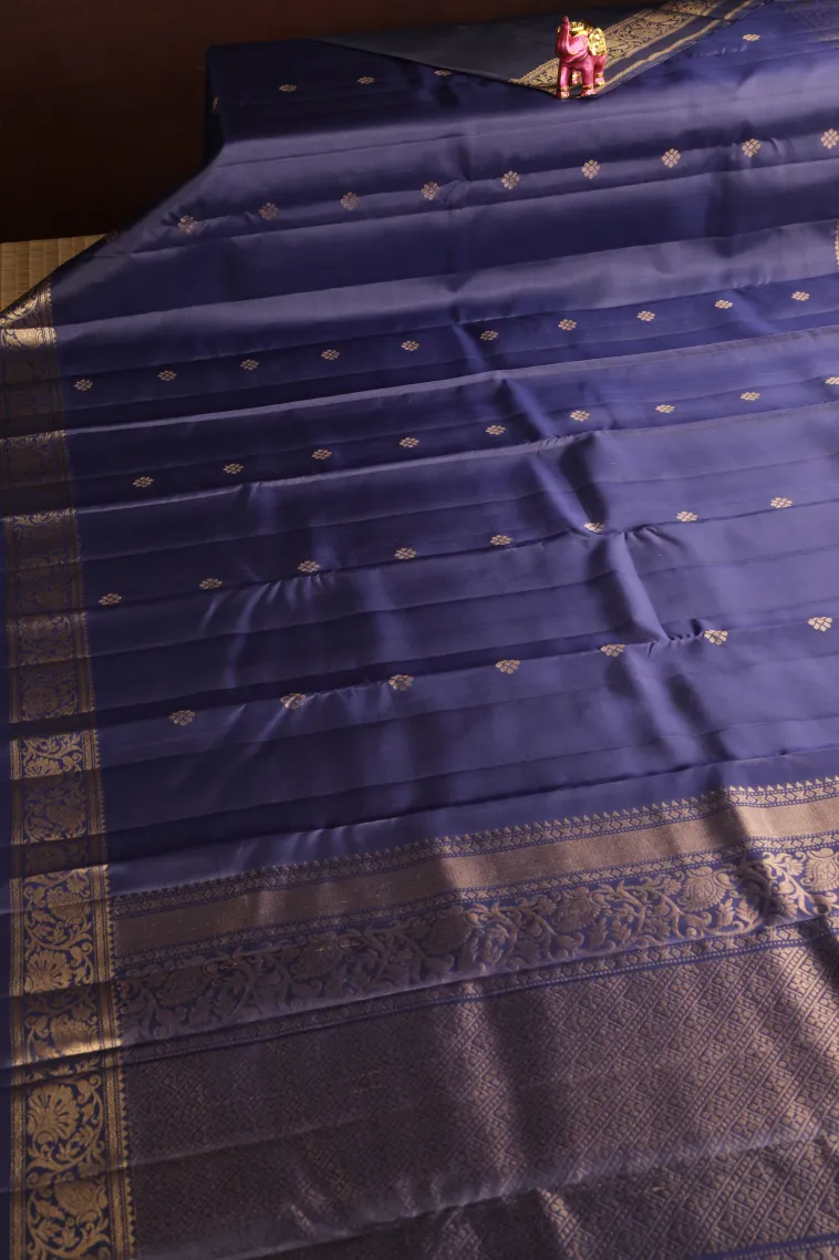 Indigo Blue Soft Silk Saree with Gold Zari Buttis (small Dots Or Motifs) view 2
