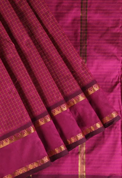 Magenta Purple Soft Silk Saree with Gold Zari Checks