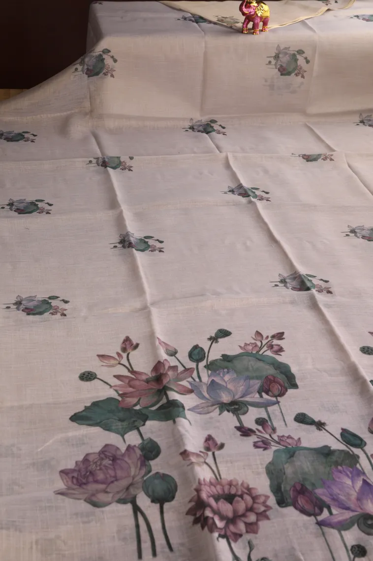 Lace White Linen Saree Without Zari With Flower Mottif view 2