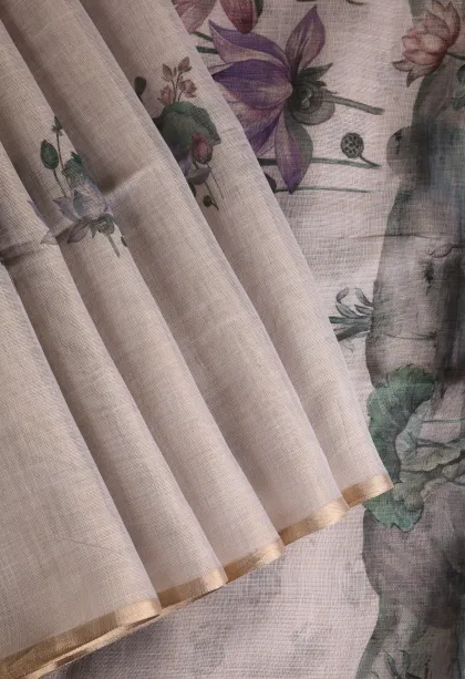 Lace White Linen Saree Without Zari With Flower Mottif