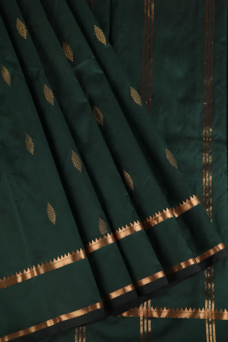 Bottle Green Soft Silk Saree with Gold Zari Buttis (small Dots Or Motifs)