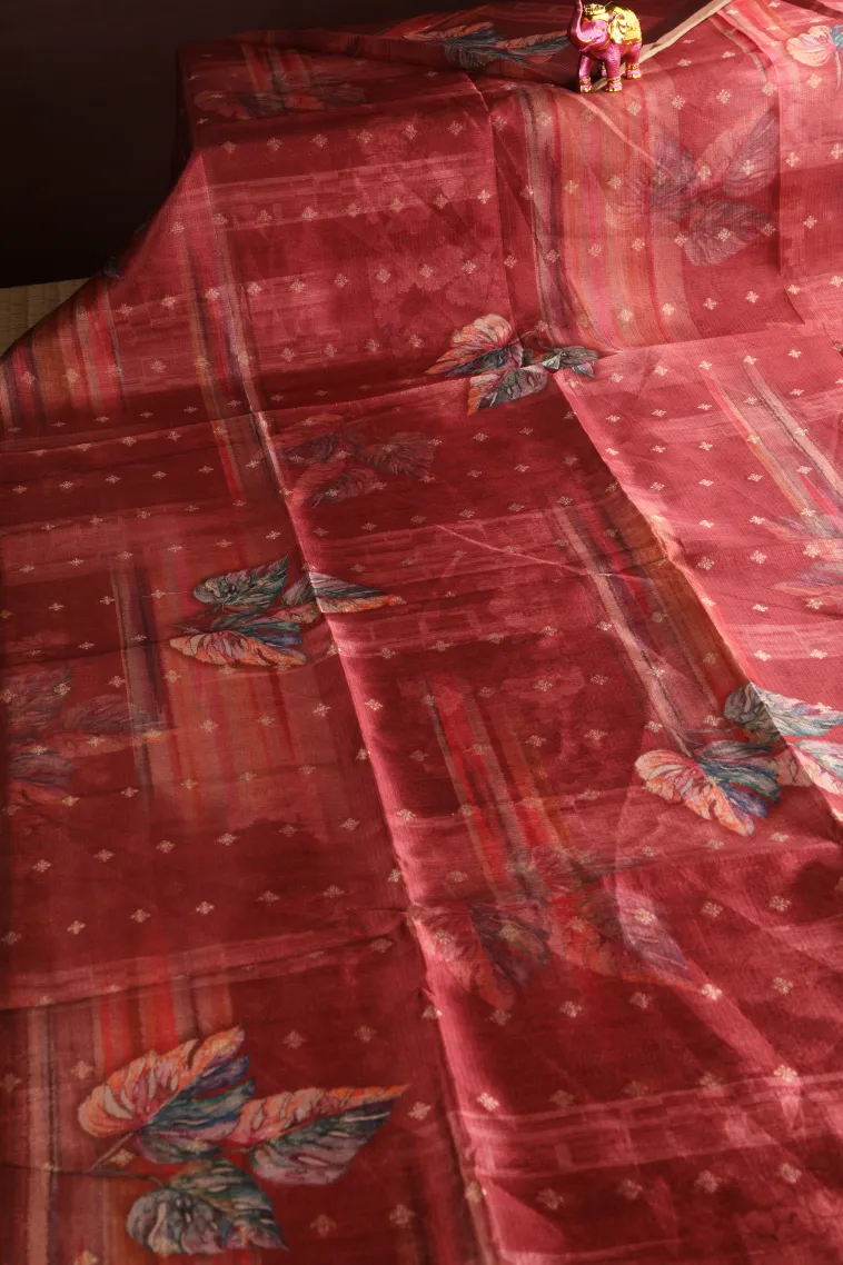 Cherry Red Semi Tussar Silk with Bronze Zari Leaf Pattern view 2