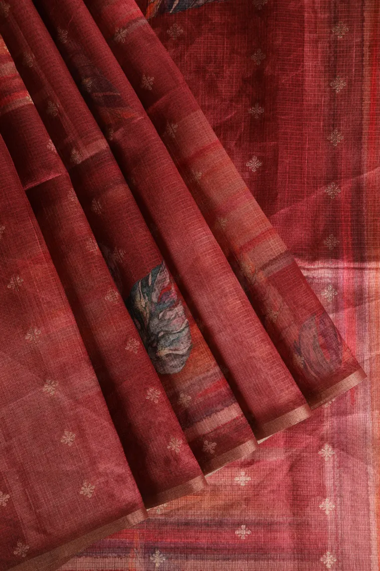 Cherry Red Semi Tussar Silk with Bronze Zari Leaf Pattern view 1