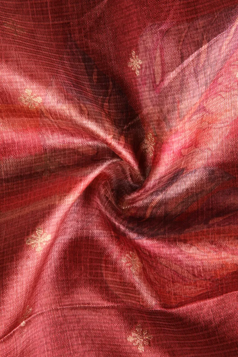 Cherry Red Semi Tussar Silk with Bronze Zari Leaf Pattern view 4