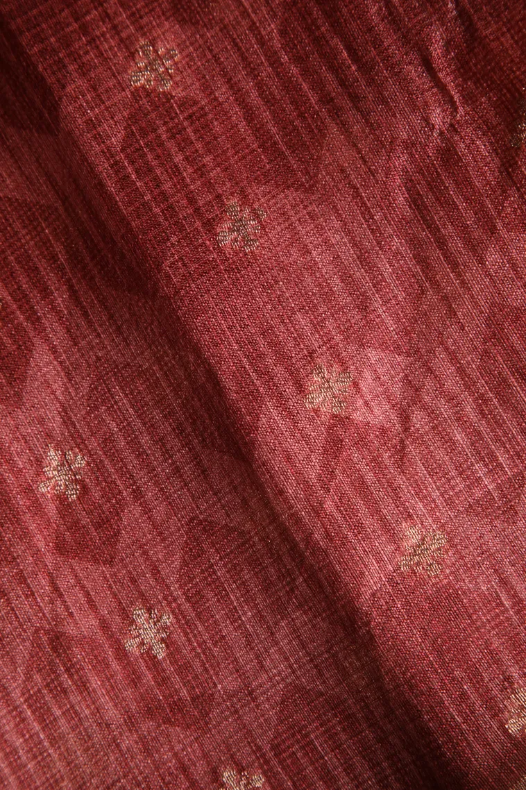 Cherry Red Semi Tussar Silk with Bronze Zari Leaf Pattern view 3