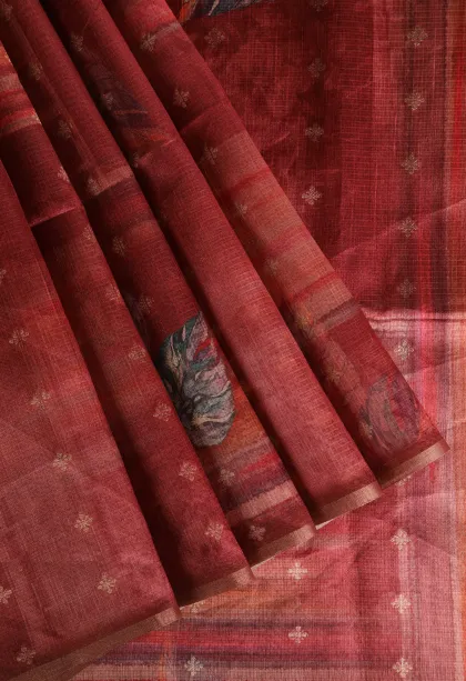Cherry Red Semi Tussar Silk with Bronze Zari Leaf Pattern