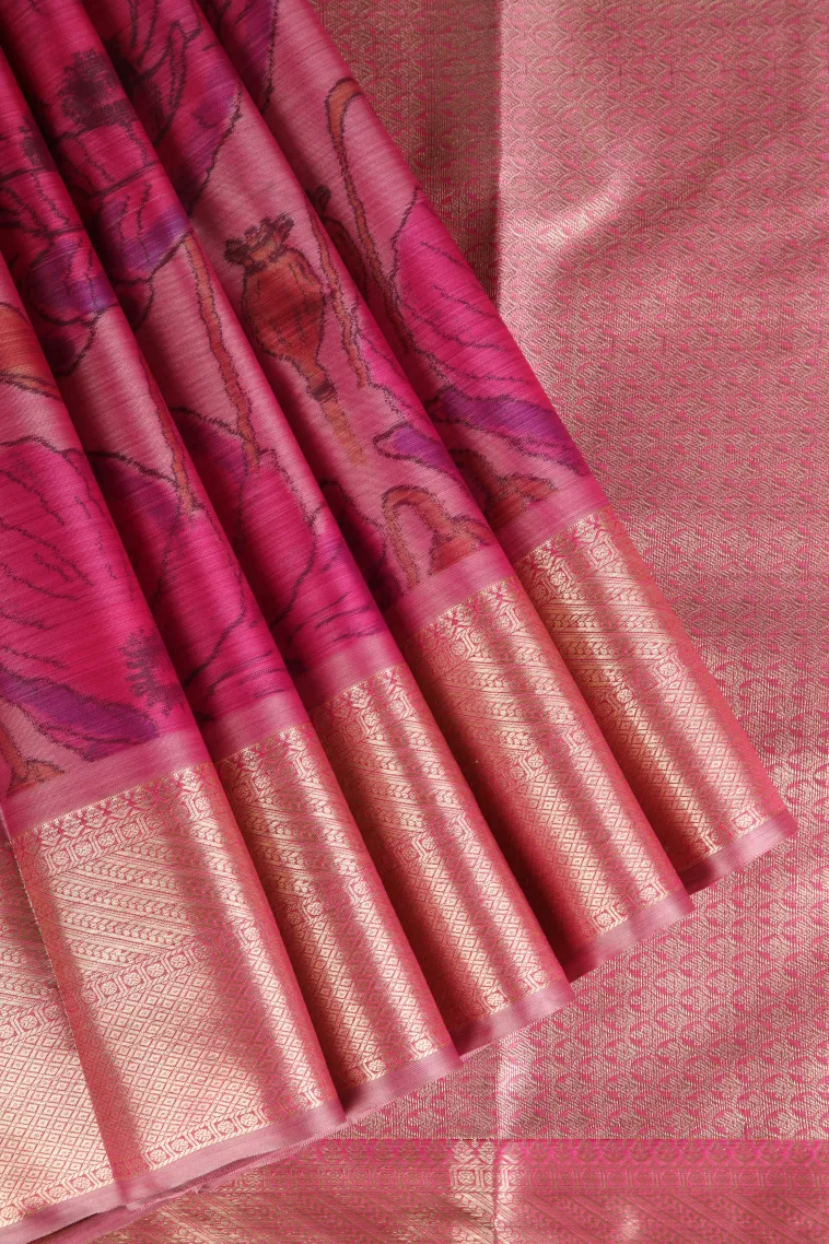 Taffy Pink Soft Silk Sarees with Bronze Zari Floral Patterns