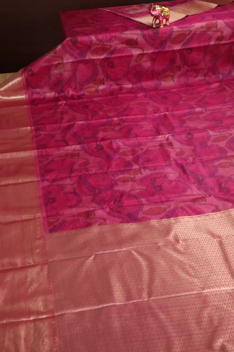 Taffy Pink Soft Silk Sarees with Bronze Zari Floral Patterns view 2