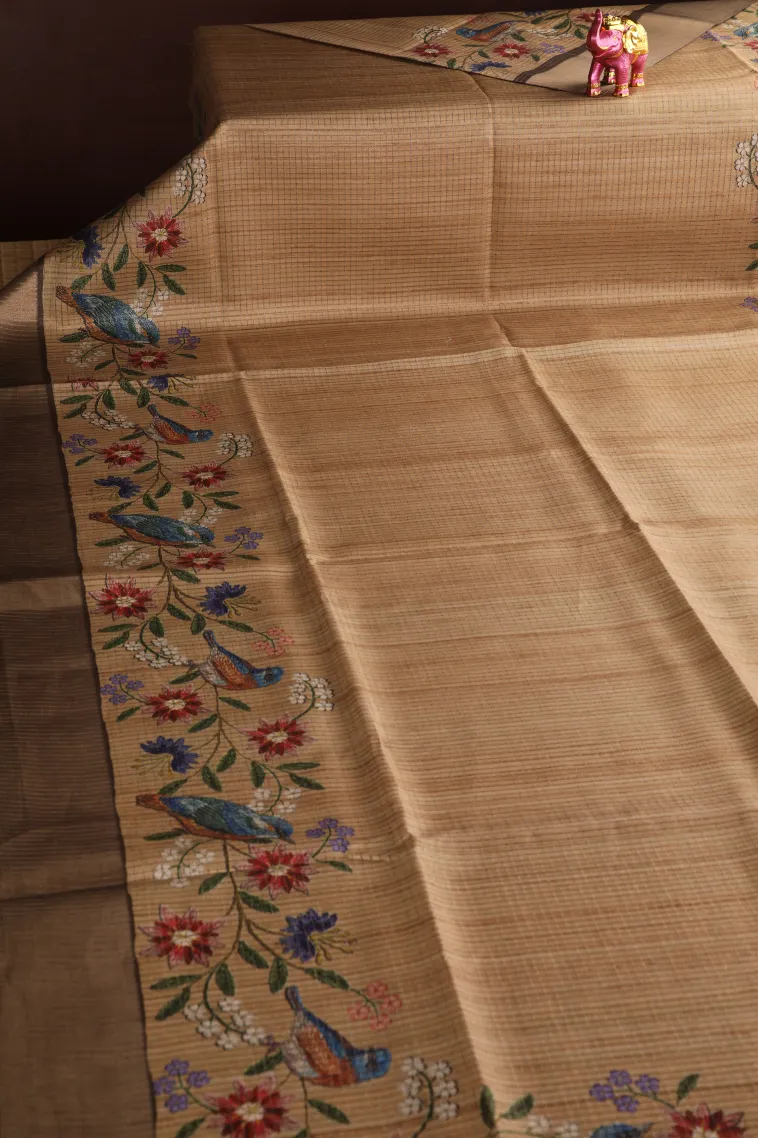 Tortilla Brown Tussar Saree with Copper Zari Small Checks Pattern view 2