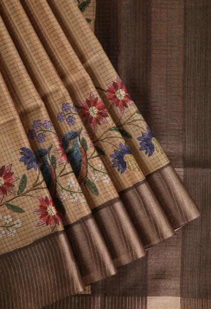 Tortilla Brown Tussar Saree with Copper Zari Small Checks Pattern