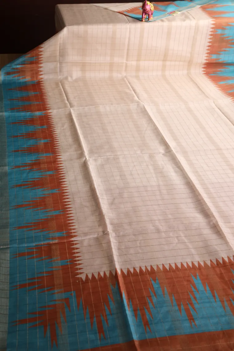 Ivory White Tussar Saree with Gold Zari Checks view 2