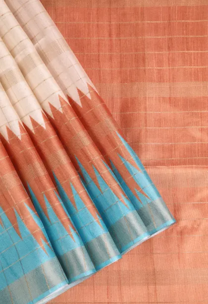 Ivory White Tussar Saree with Gold Zari Checks