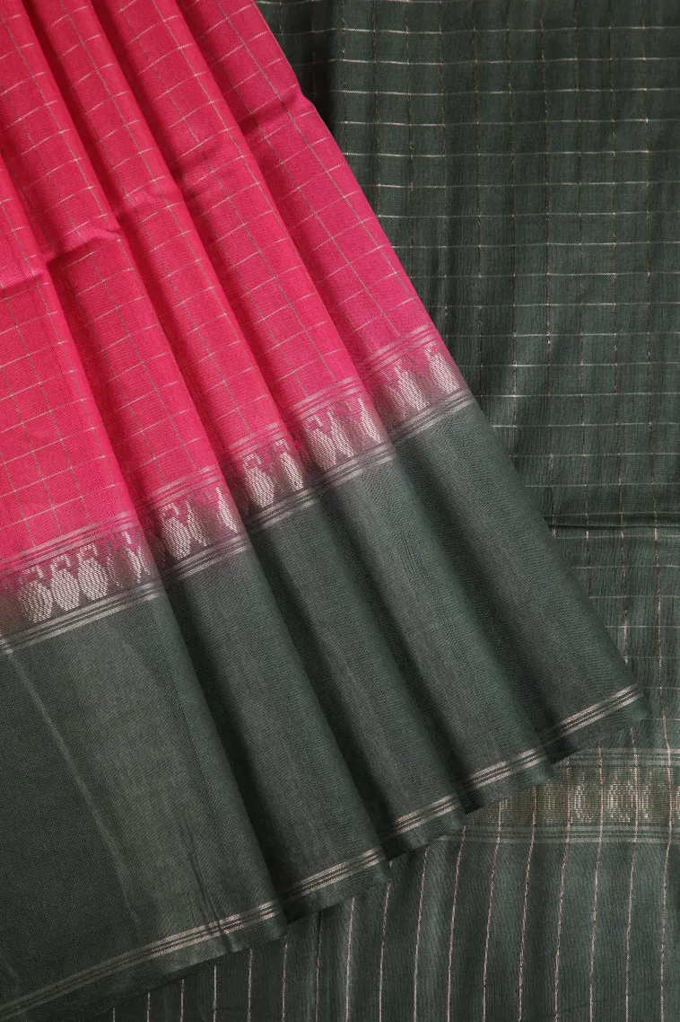 Fuscia Pink Tussar Saree with Gold Zari Checks view 1