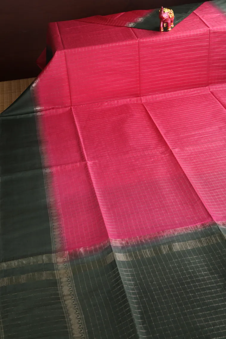 Fuscia Pink Tussar Saree with Gold Zari Checks view 2