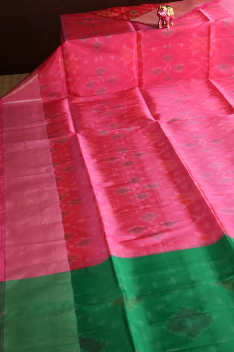 Bubblegum Pink Pochampalli Saree Without Zari With Floral Patterns view 2