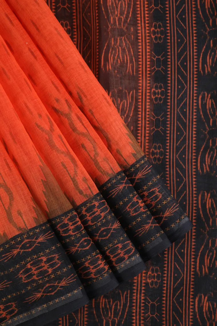 Fire Orange Linen Saree Without Zari With Temple Pattern view 1