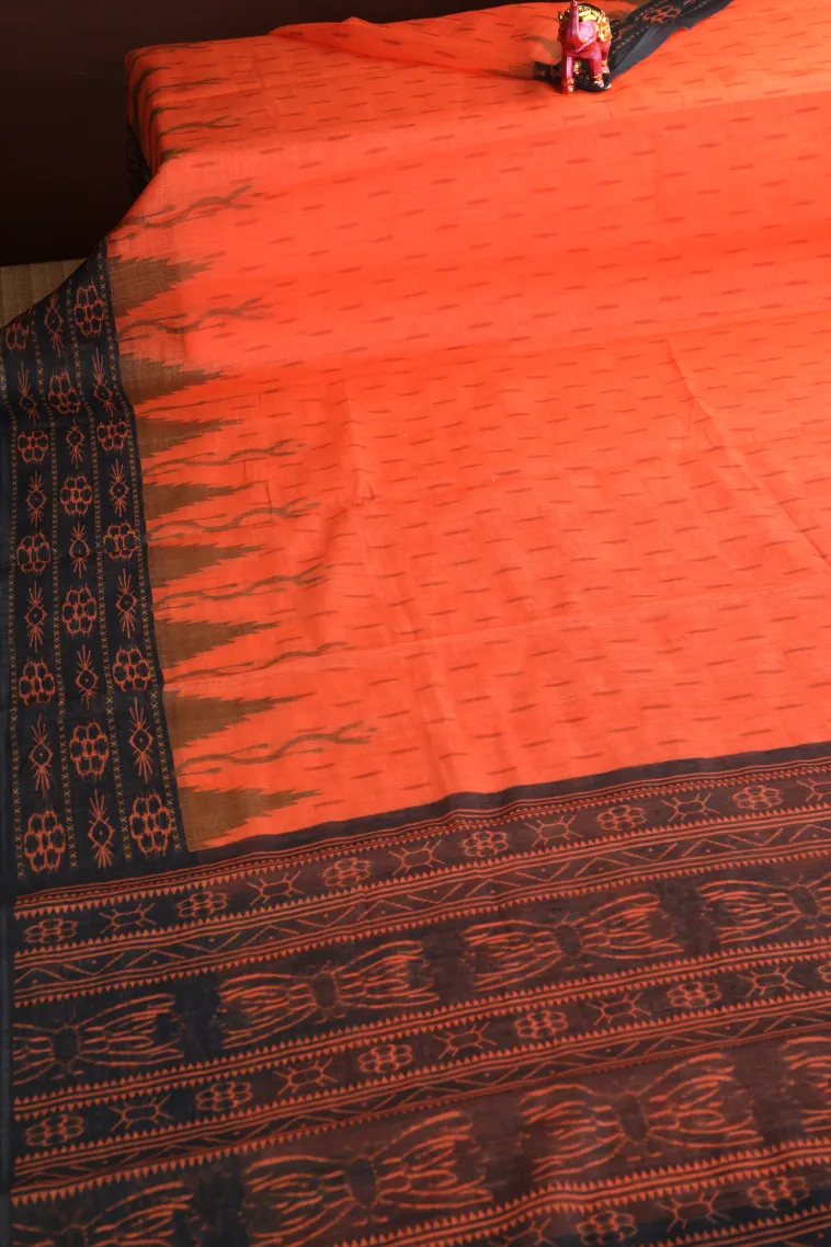 Fire Orange Linen Saree Without Zari With Temple Pattern view 2
