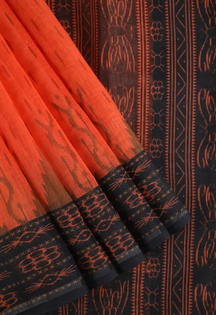 Fire Orange Linen Saree Without Zari With Temple Pattern
