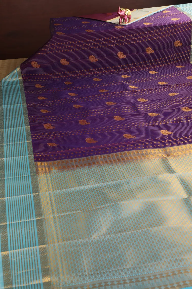 Viola Purple Visiri Madippu Silk Sarees with Gold Zari Straipes And Puttas view 2