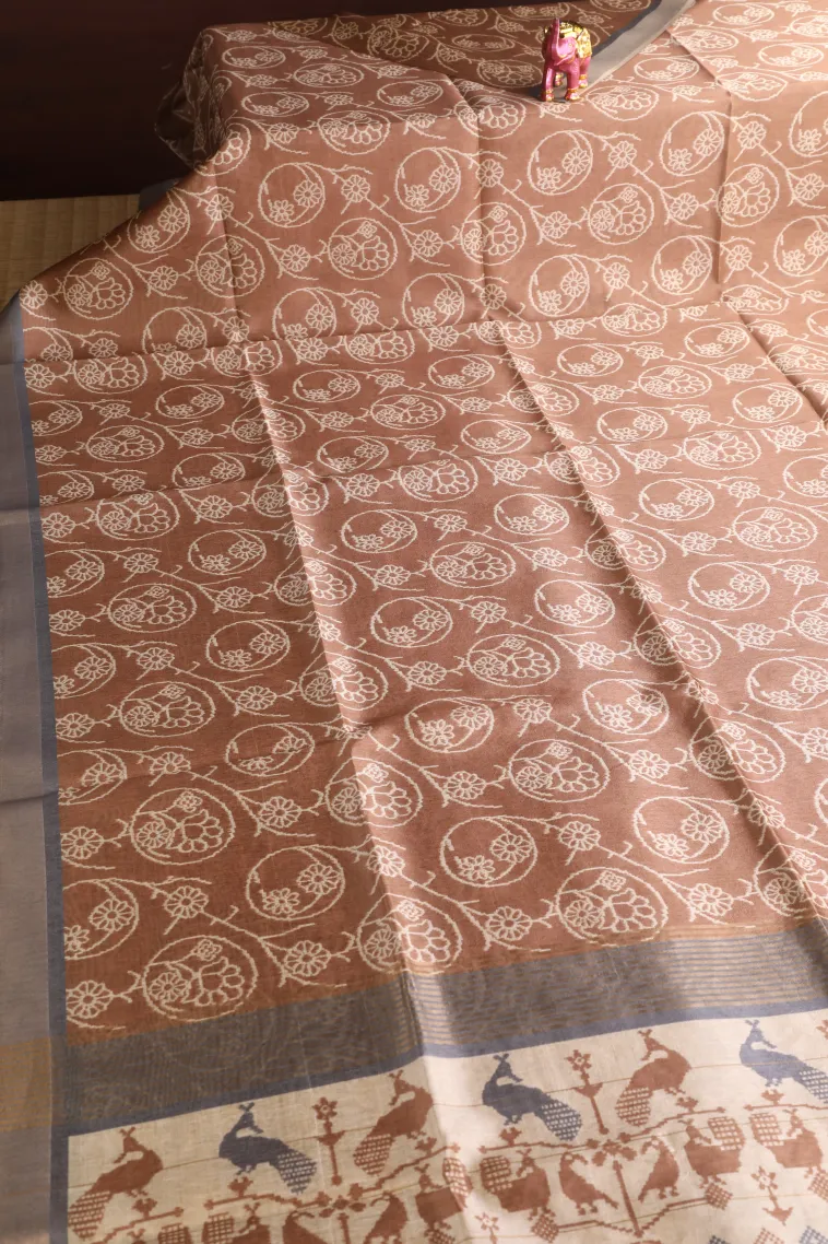 Tawny Brown Jute Sarees Without Zari With Floral Patterns view 2