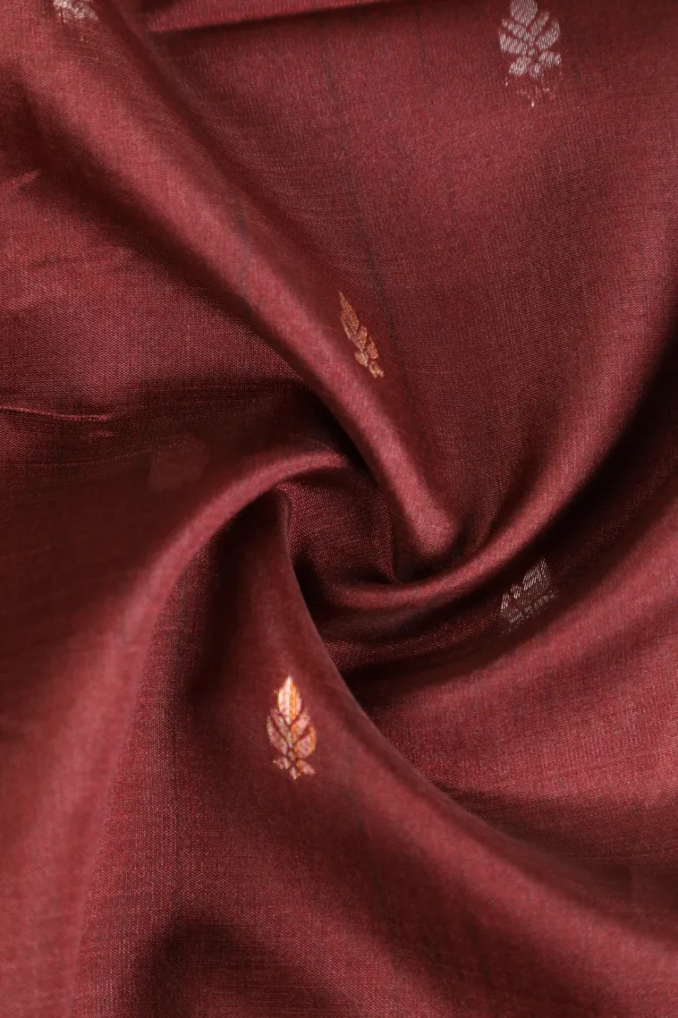 Berry Red Tussar Saree with Copper And Silver Zari Stripes And Puttas view 4