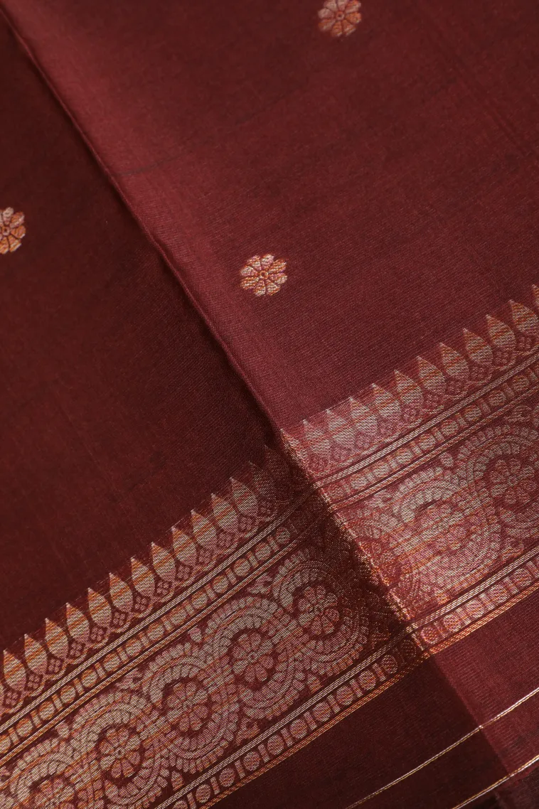 Berry Red Tussar Saree with Copper And Silver Zari Stripes And Puttas view 3