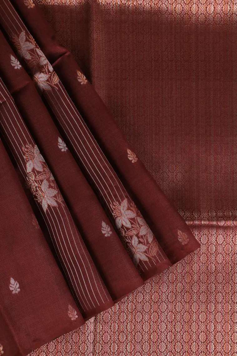 Berry Red Tussar Saree with Copper And Silver Zari Stripes And Puttas