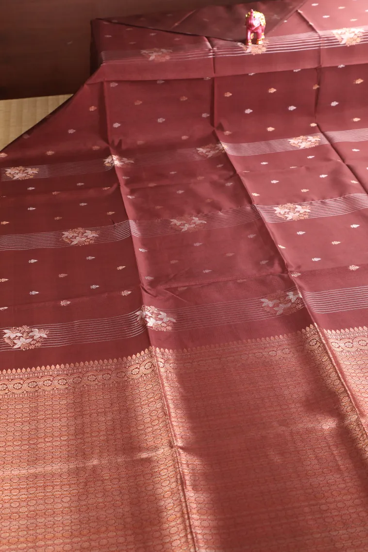 Berry Red Tussar Saree with Copper And Silver Zari Stripes And Puttas view 2
